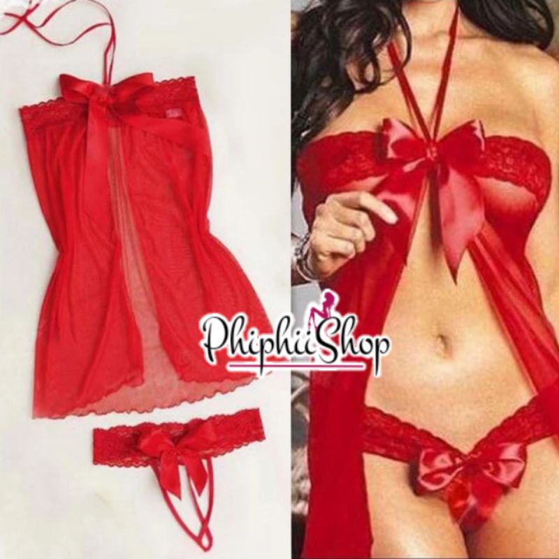Set Lingerie Sexy + G String Transparan Model Kado Hadiah Pita Double