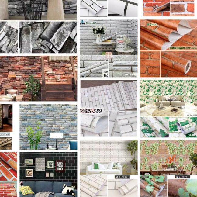 ○ Wallpaper Sticker Wallpaper Dinding Ruang Tamu Batu Bata 3d Putih Cream Abu Ungu Kuning Orange Hij