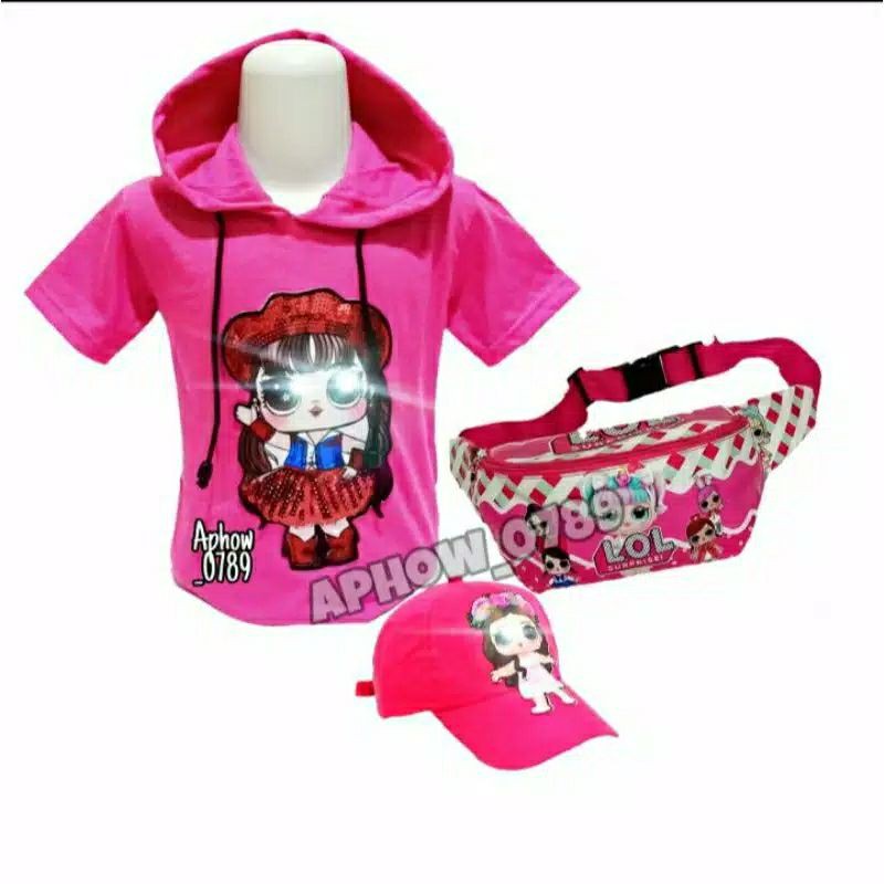 PROMO - PAKET 3 IN 1 KAOS HOODIE ANAK WAISTBAG DAN TOPI MOTIF LOL SEDANG DISKON REALPICK