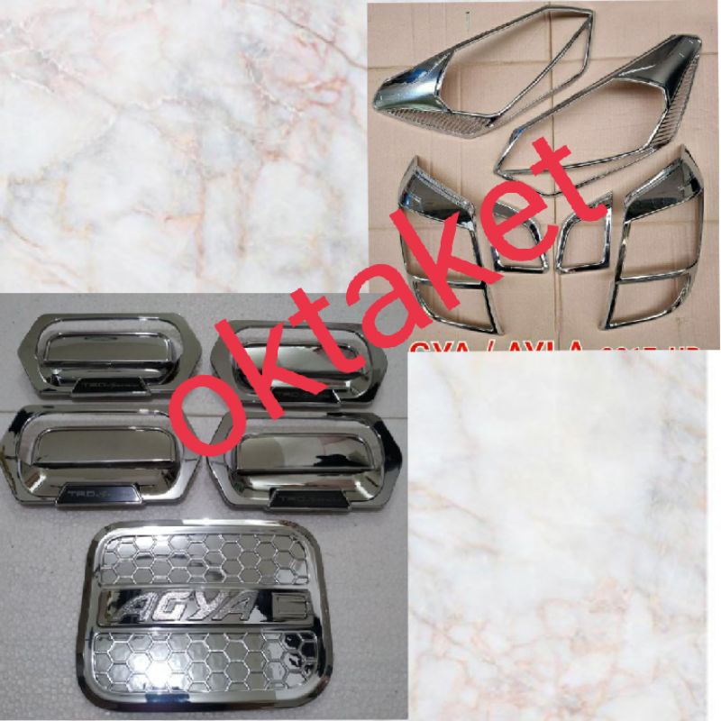 paket  lengkap garnish depan belakang outer handle tank cover agya ayla 2017 2019 2020 trd chrome