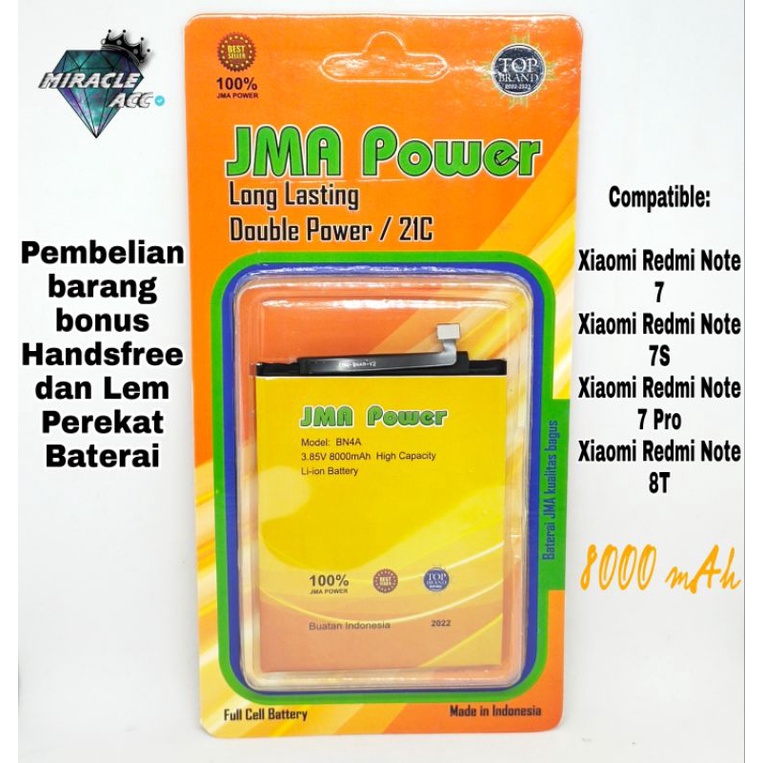 Baterai JMA Power Double Power Original For Xiaomi BN4A Redmi Note 7,7S,7 Pro Bonus Handsfree dan Le