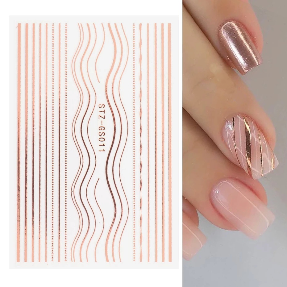 1 Sheet Pack 3D Rose Gold Nail Metal Line Nail Foils / DIY Geometric Curved Stripe Pattern Nails Stickers