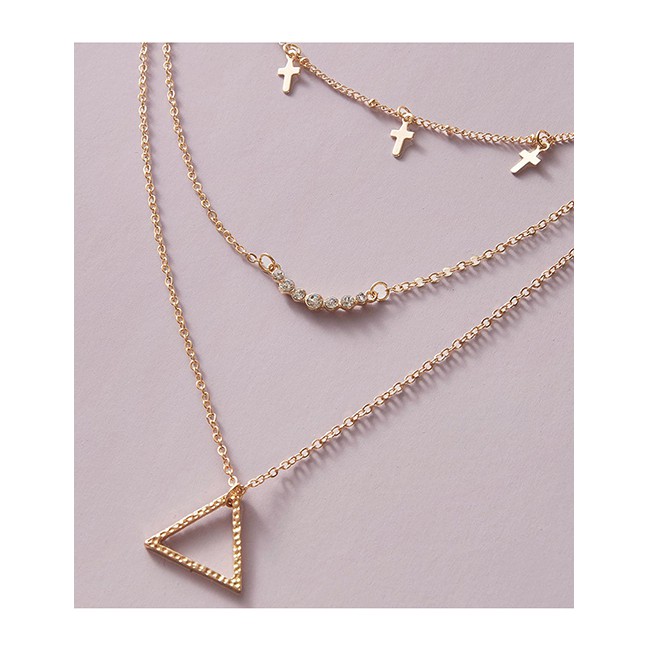 LRC Kalung Fashion Gold Color Triangle Alloy Cross Multilayer Necklace P14794