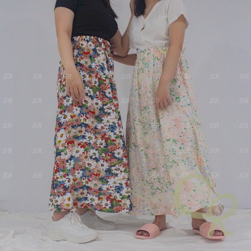 Rok Panjang Rayon Wanita Lebar Korean A-line Motif Floral Premium Ringan Dingin