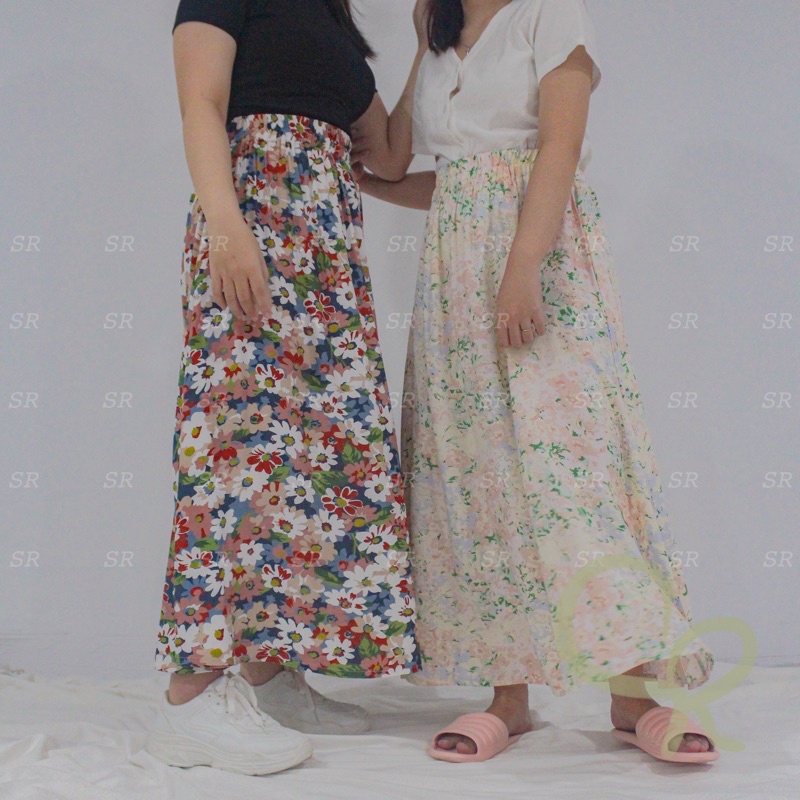 Rok Panjang Rayon Wanita Lebar Korean A-line Motif Floral Premium Ringan Dingin