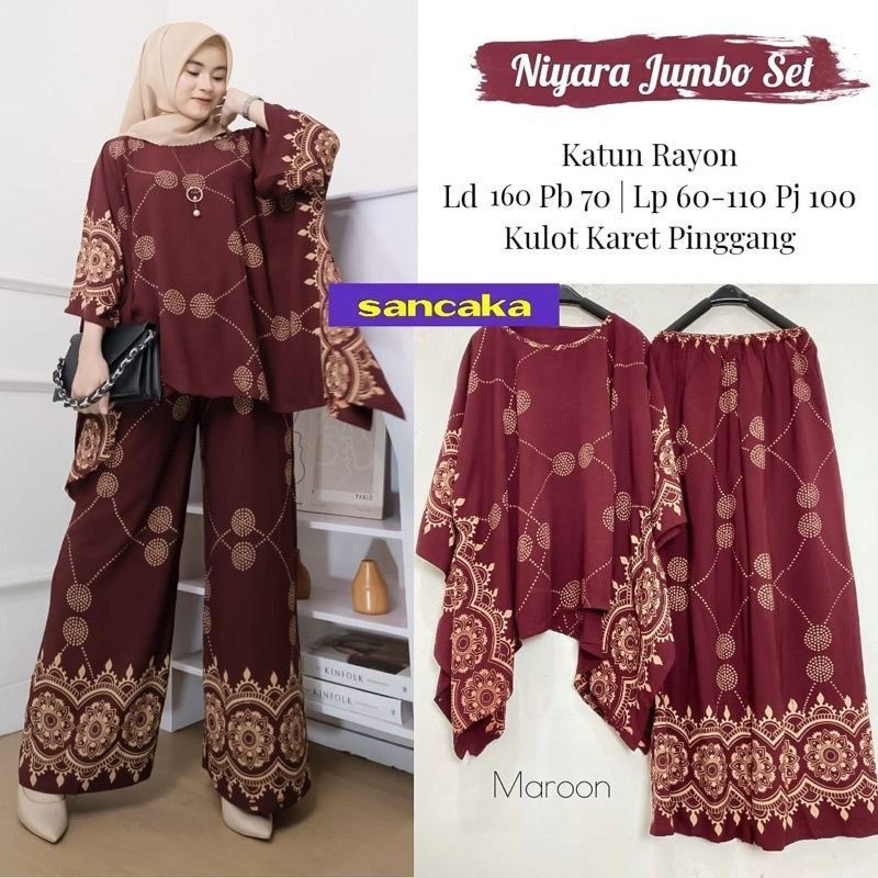Setelan Jumbo | One Set Waka Motif Asiya Big Set / Niyara Set By Batik AW Size Jumbo LD 130 Busui | Set Wanita-Niyara Maroon