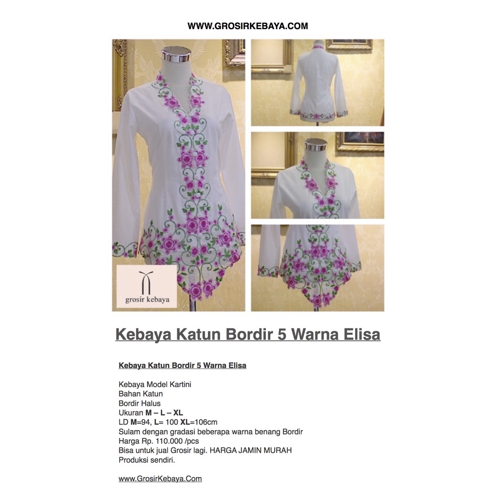 Kebaya Katun Bordir 5 Warna Elisa Putih BW Ukuran S, M, L, XL, 2L, 3L, 4L, 5L 715 BW