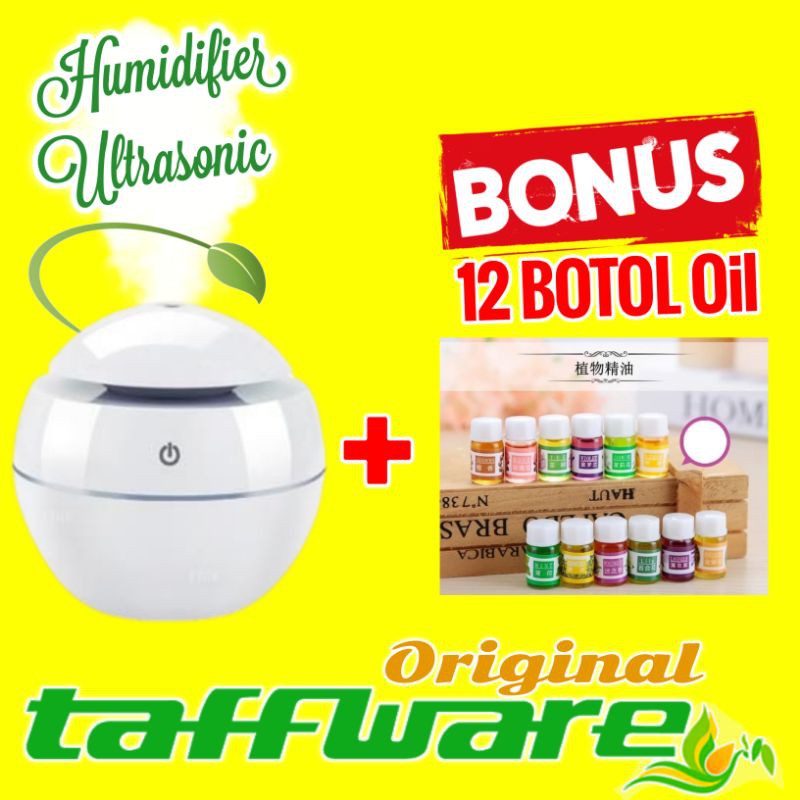 Air Humidifier Diffuser Aromatherapy Aromaterapi Disfuser Taffware Pelembab Pewangi Ruangan 130ml-Putih + 12 Oil