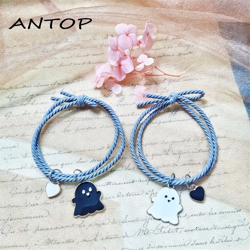 2Pcs Gelang Couple Pasangan Hitam Tenun/Lucu Hantu Magnet Kapel Persahabatan Wanita Dan Pria Adjustable Gelang