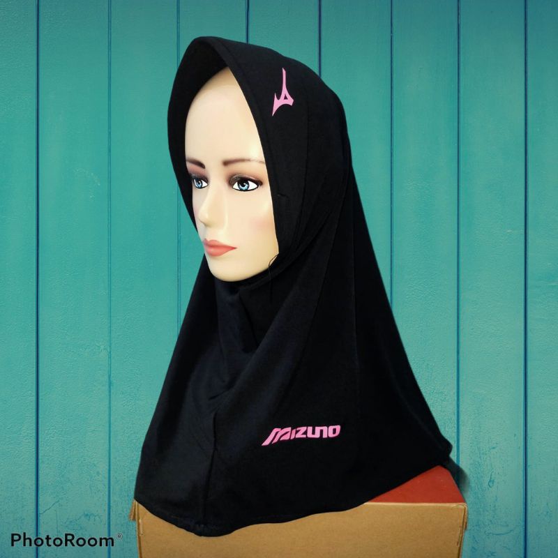 Hijab Sport Hijab Instan Sport Kerudung Olahraga Volly, Bersepedah, Joging Berlogo MIZUNO-Hitam lis pink