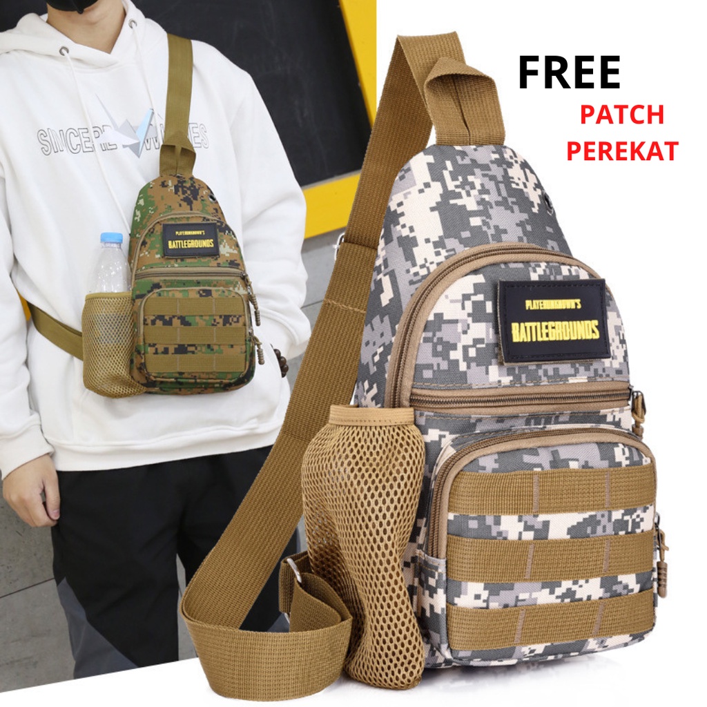 ONLYONE12 Tas Pria Import Tas Selempang Pria Kekinian Dengan Kantong Tempat Botol Minum &amp; Port Usb / Tas Pria Selempang Dada Motif Army / Waistbag TP401