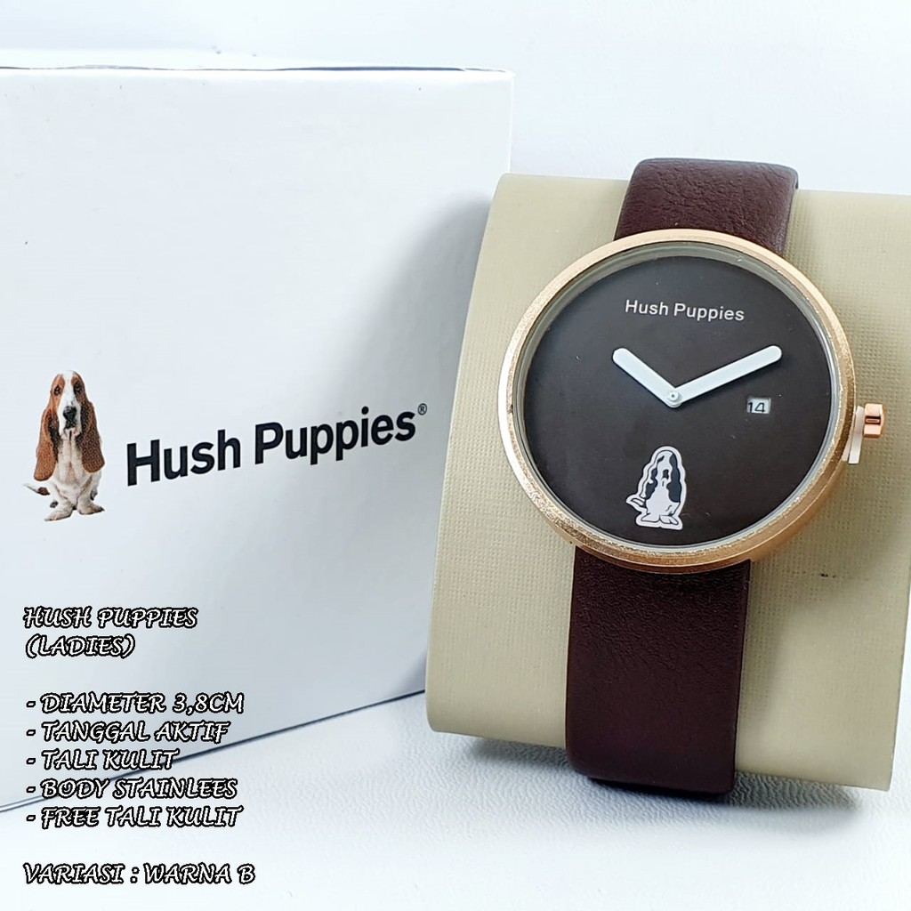 JAM TANGAN WANITA HUSH PUPPIES TALI KULIT BODY BULAT TANGGAL AKTIF FREE TALI KULIT