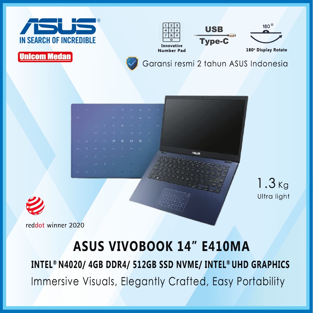 Asus vivobook E410MA [Intel N4020/4GB/512GB SSD/Intel UHD/Win10+OHS]