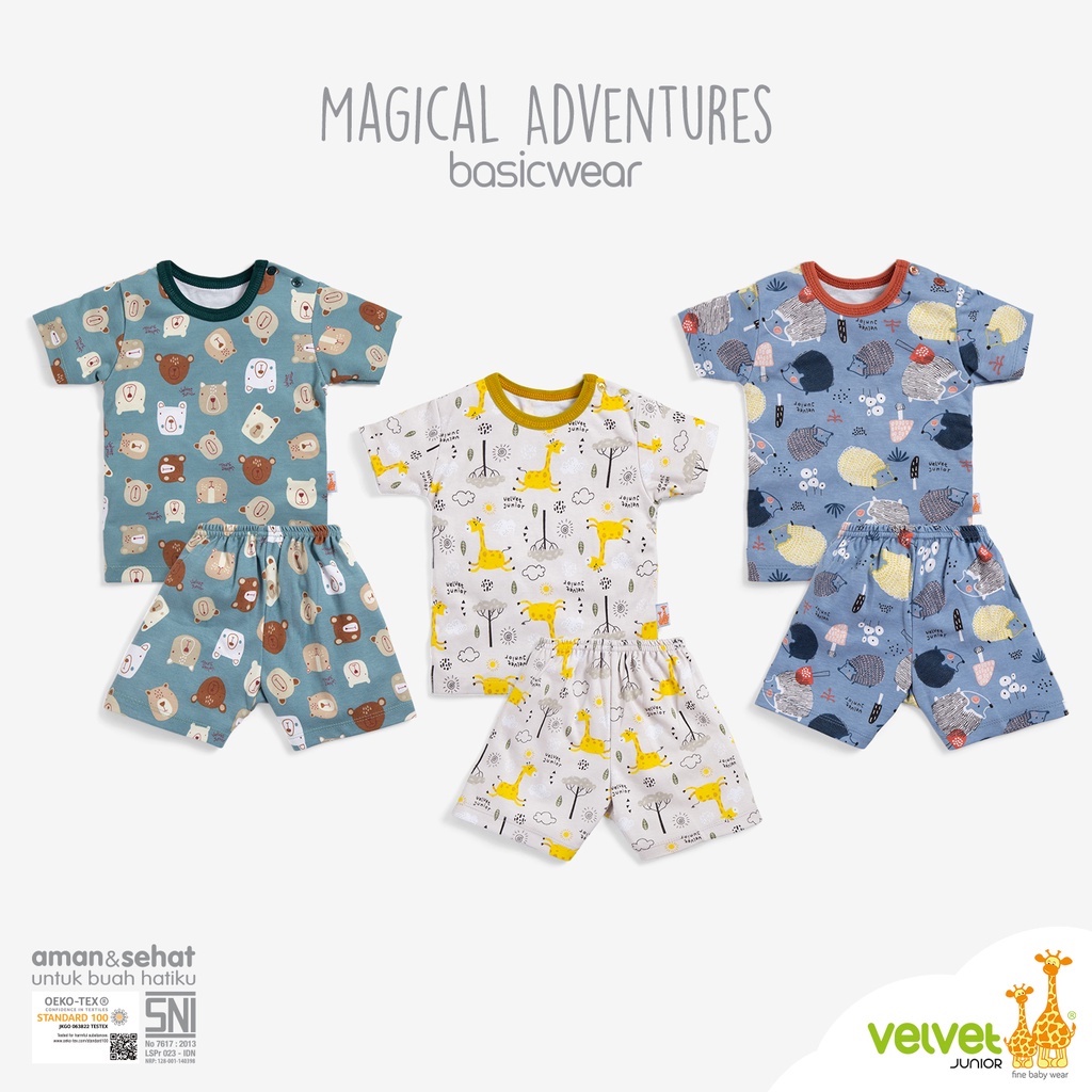 Baju Bayi Setelan Anak Kancing Pundak Pendek Celana Pendek Velvet Junior BasicWear Magical Adventures