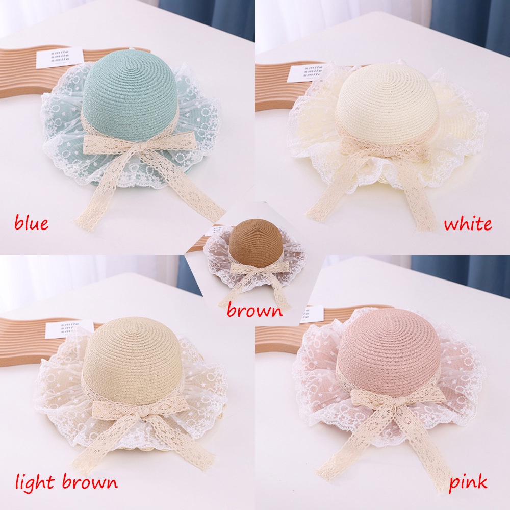 Sun Hat Anak Topi Pantai Perempuan Girls Summer Panama Straw Hat Pita Renda dan Tali 2 5 9 Tahun