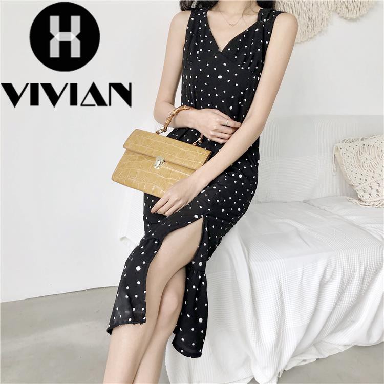 ?VIVIAN? Dress Midi Retro V-Neck Wanita Gaya Korea Motif Polkadot Hitam Belah Tengah+Pita Belakang