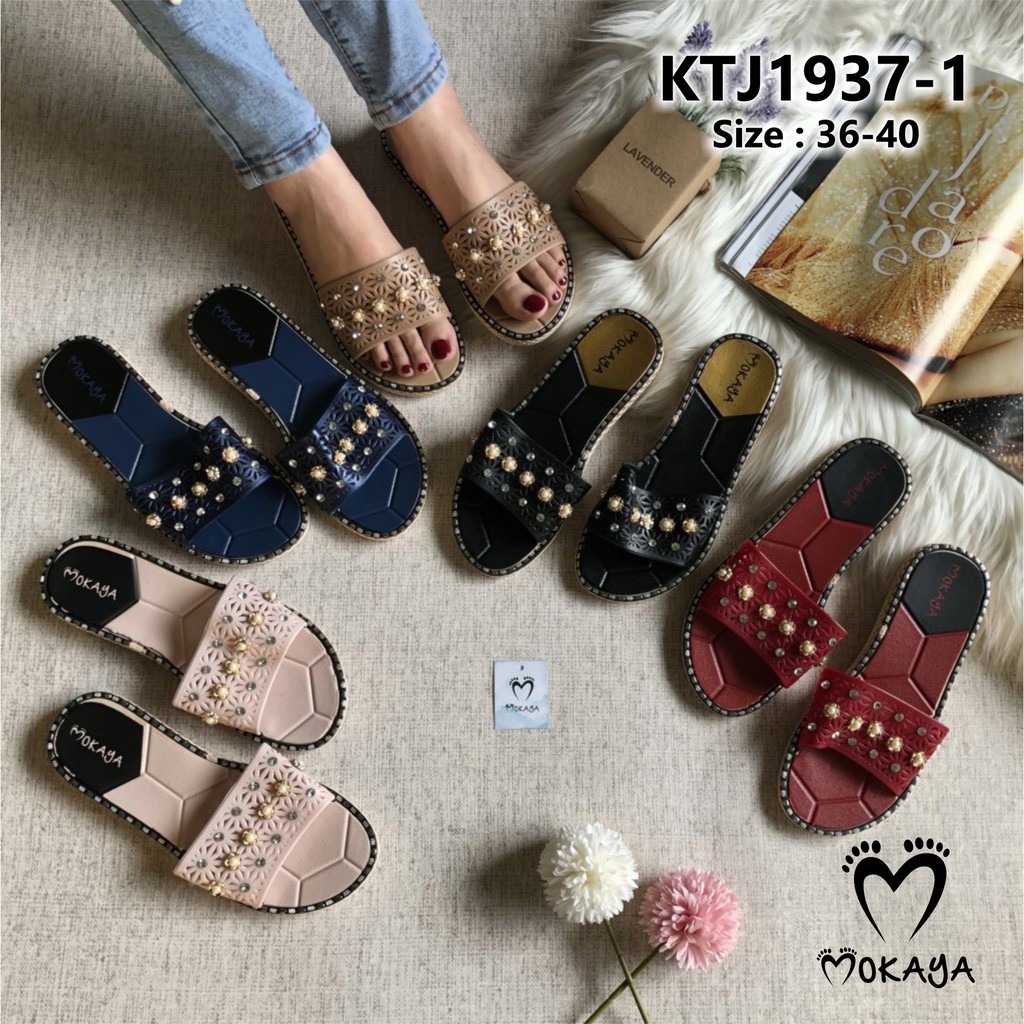 Sandal slop wanita manik Bunga Permata Cantik Elegant Import mokaya/ size 36-40 (KTJ1937-1)