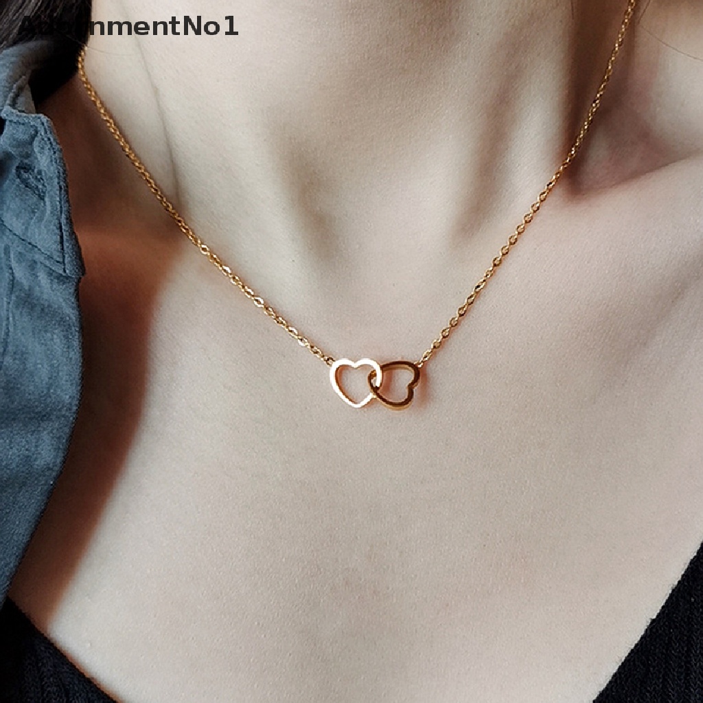 (AdornmentNo1) Kalung Rantai Dengan Liontin Hati Ganda Bahan Stainless Steel Untuk Wanita