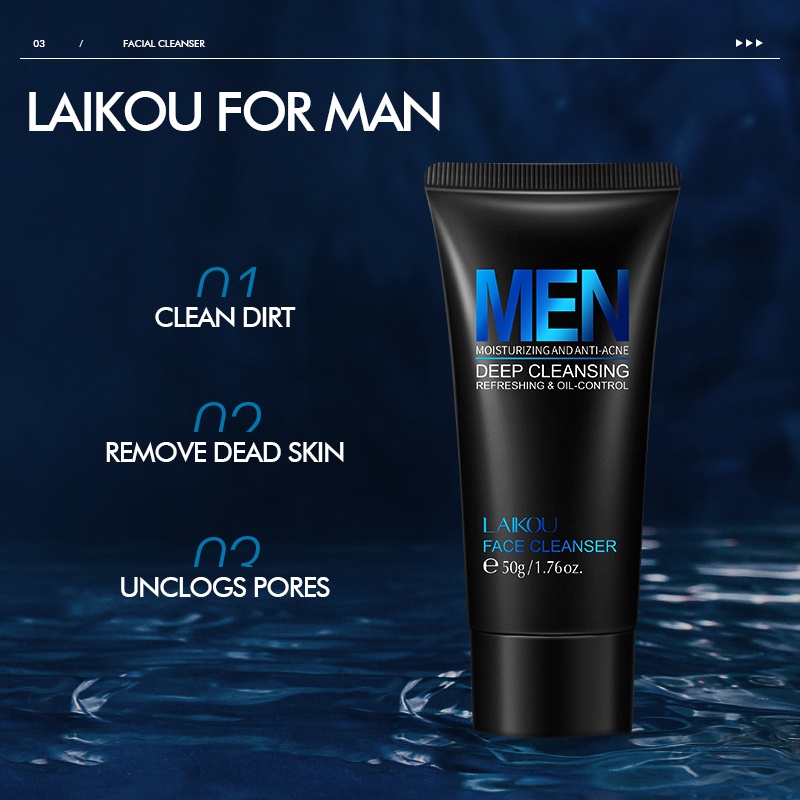 LAIKOU Men Face Wash Cleanser Mengontrol Minyak Mengurangi Jerawat Membersihkan Pori-pori 50g