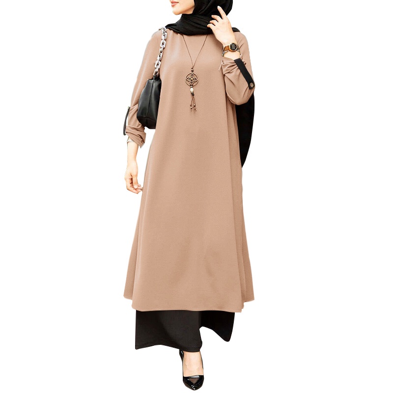 ZANZEA Women Casual Solid O Neck Long Sleeve Button Cuffs Split Hem Muslim Maxi Dress