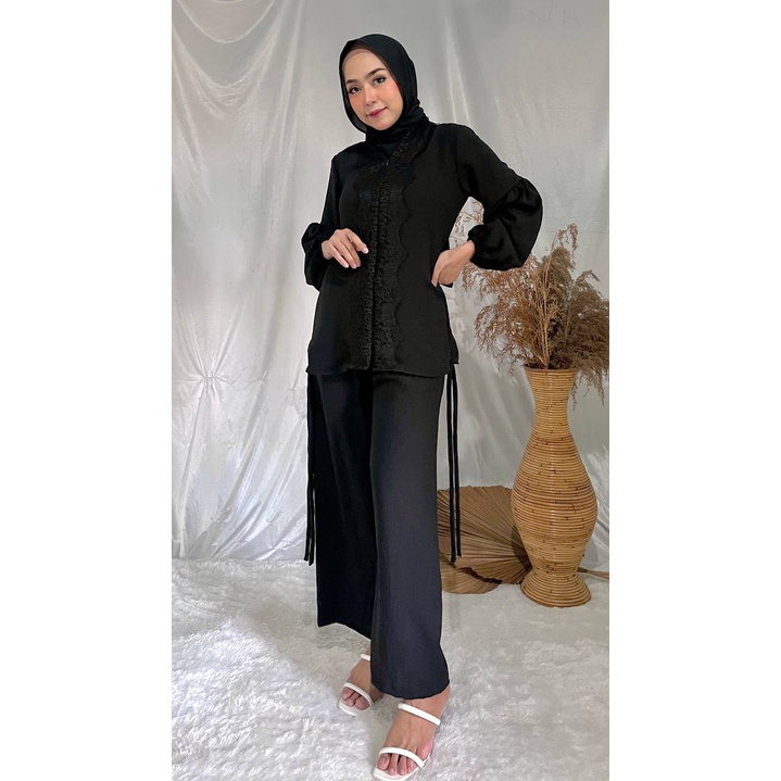 Gina Set Kondangan Celana Kulot Baju Pesta Polos Blouse Serut Atasan Brukat Oneset Crinkle Busui Friendly Setelan Muslim