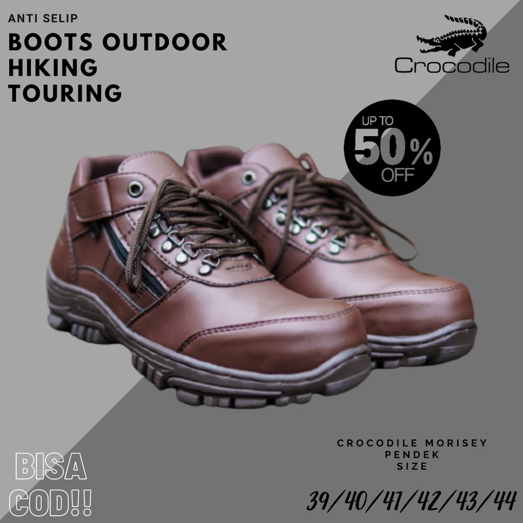 SEPATU BOOTS PRIA SAFETY CROCODILE MORISEY LOW COKLAT UJUNG BESI ANTI SELIP