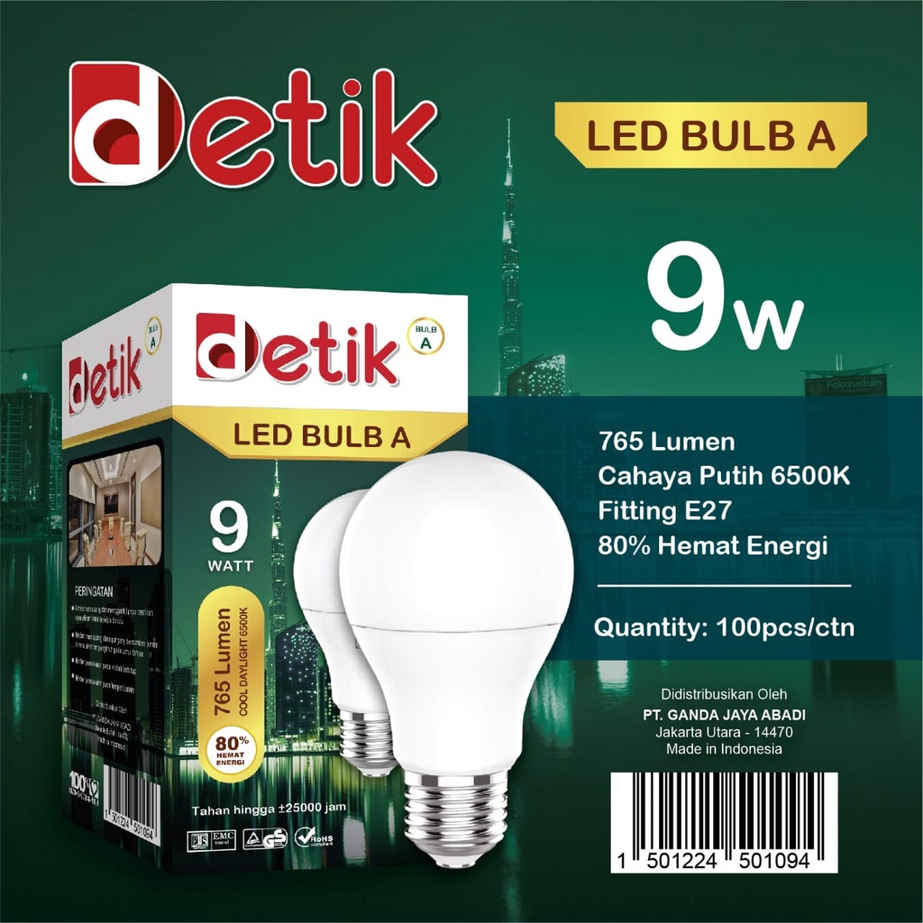 DETIK Lampu LED Bulb 9 Watt - Cahaya Putih (Garansi 1 Tahun)