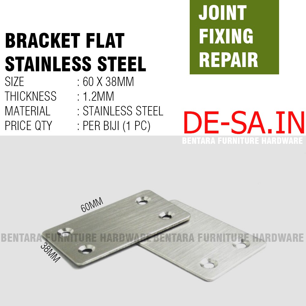 6CM Plat Stainless Steel Persegi 60X38MM - Rata Lurus Bracket Flat Reparasi Joint Fixing Repair