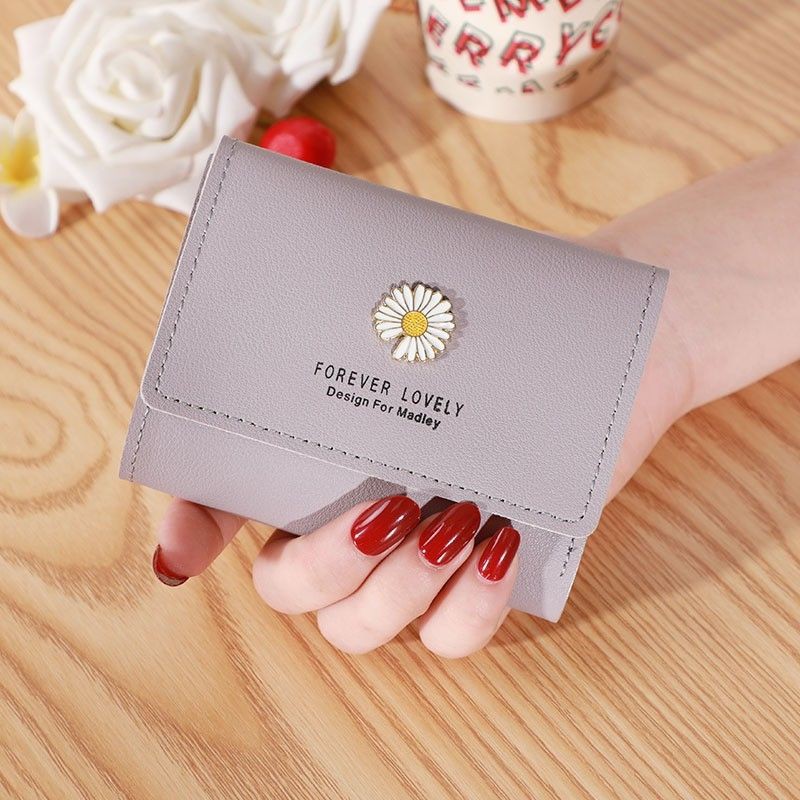 (COD)Dompet Lipat Wanita Kecil Motif Bunga Daisy Dompet Wanita Mini Fashion-Q27-Abu abu