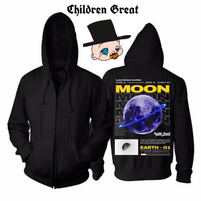 Jaket Hoodie MOON zipper art distro dewasa tee jacket hitam polos sweater sweatShirt katun crewneck