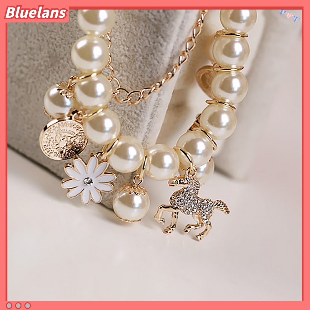 Bluelans Horse Flower Charm Women Bracelet Faux Pearl Party Bangle Gift Fashion Jewelry