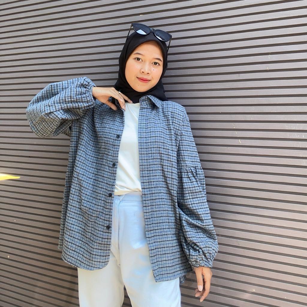 Kemeja Wanita Casual Korea Lengan Panjang Hem Cewek Korean Style  ME313 Tartan Shirt Lengan Balon (9