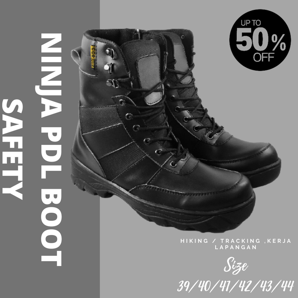 Sepatu Boots Safety Pria Ninja PDL Tinggi Sleting 8 Inci Hitam Ujung Besi Outdoor Hiking Kerja Laki