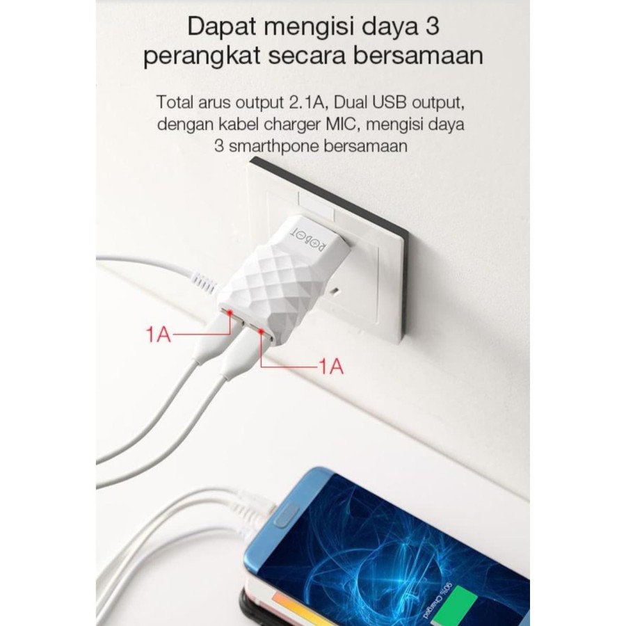 NA - Charger 2A Robot 2 Usb Real Output - Kepala Charger Kabel K5