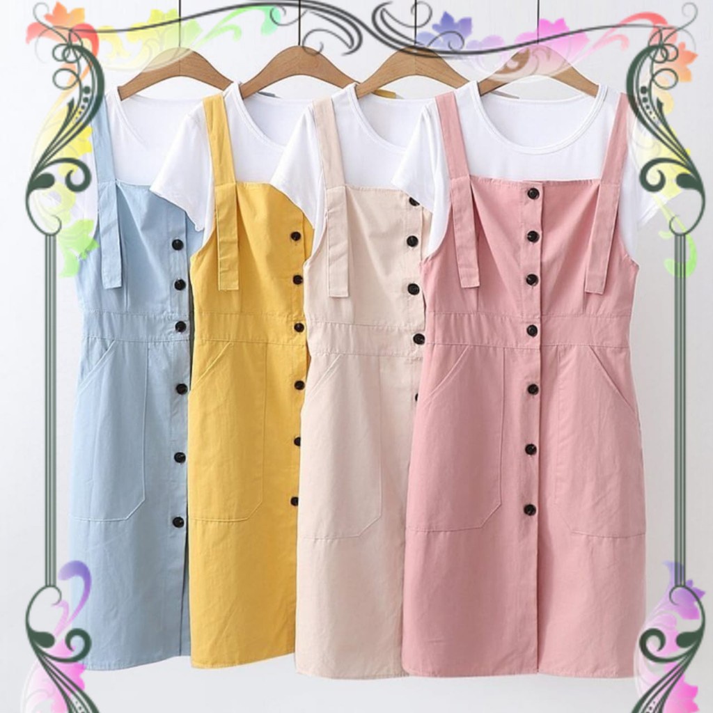 Overall Jeans Stretch / Rok Kodok Pendek / Depan Kancing / Kantong Rumbai