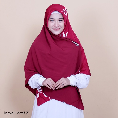 Inaya Motif Premium | Jilbab Segiempat Syar'i Kombinasi Polos Wolfis Dan Motif Monalisa Ukuran 130cm x130cm Original By Syar'ee Fashion