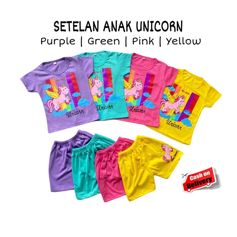 Set Setelan Anak Perempuan Cewek Bayi Balita Unicorn Baju Anak Atasan Kaos Dan Celana Pendek Rumahan