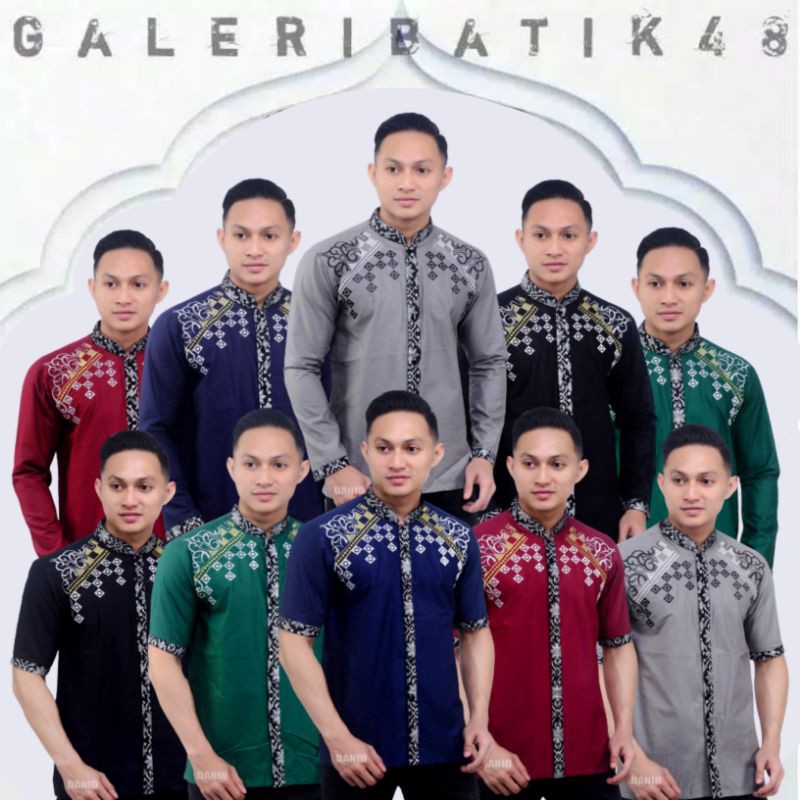 BAJU KOKO BORDIR PRIA COWOK KOMBINASI BATIK LENGAN PENDEK WARNA ABU BIRU HITAM MERAH MURAH FORMAL