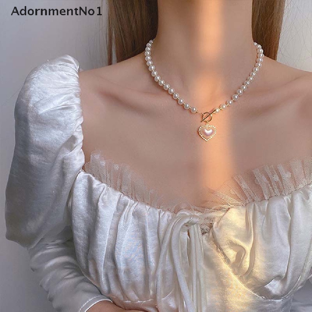 (AdornmentNo1) Kalung Rantai Dengan Liontin Hati + Mutiara + Berlian Imitasi Elegan Gaya Korea Untuk Wanita