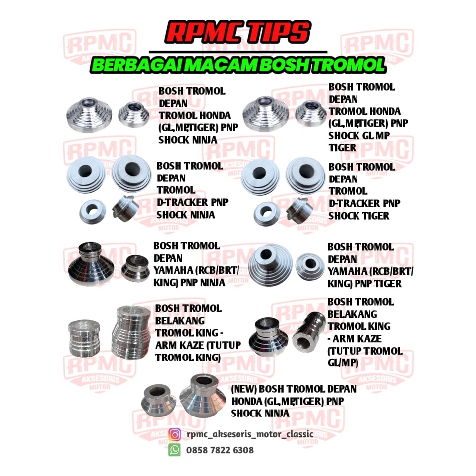 BOSH TROMOL DEPAN GL MP TIGER PNP SHOCK NINJA BOSHING RODA DEPAN BELAKANG MEGAPRO RCB BRT YAMAHA DAY