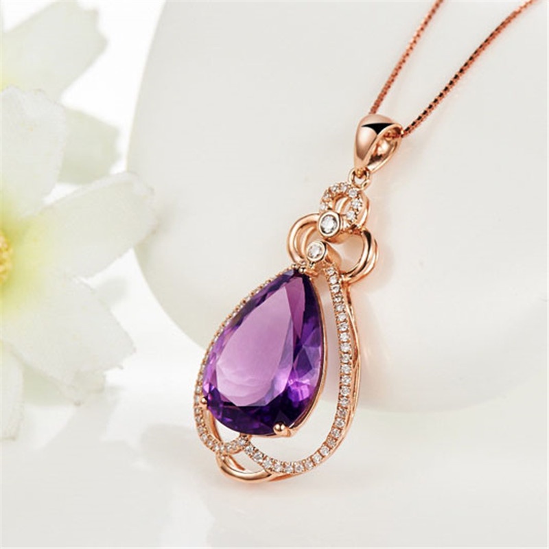 [Ready Stock]Stylish Water Drop Pear-Shaped Amethyst Pendant 18K Rose Gold Plated Diamond-Studded Necklace