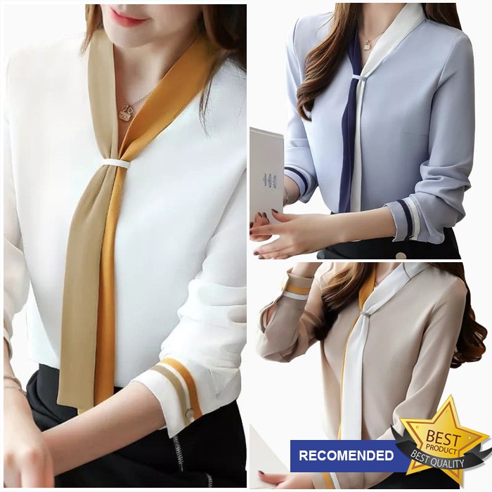 8fa Blouse Korea Putih Polos Wanita Syal Leher Lengan Panjang Baju Atasan Kerja Wanita Jumbo Shopee Indonesia