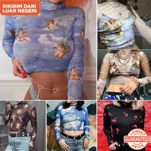 Cupid Angel Print Long Sleeve T shirt Women Turtleneck Mesh Transparent