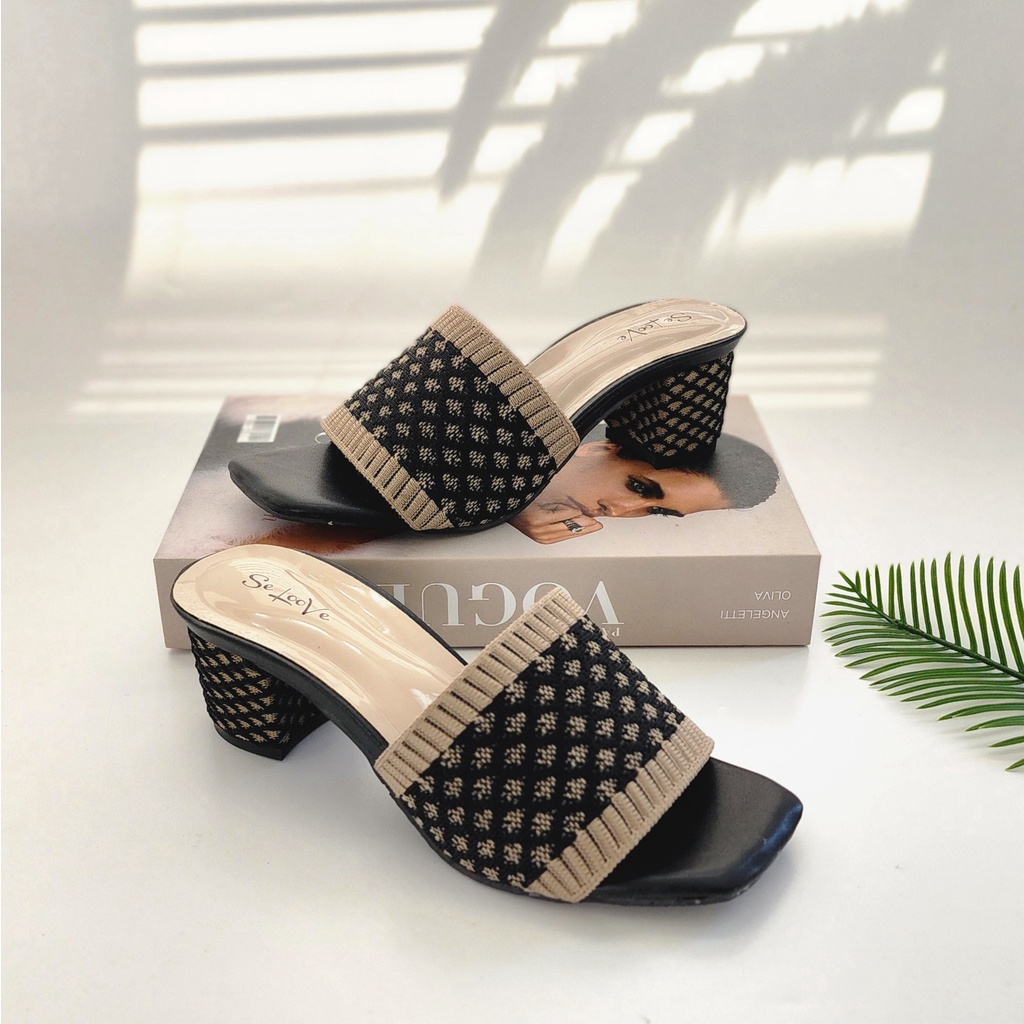 SE LOOVE - PAMELA Sandal Heels Wanita / Selop Rajut / Heels 5cm / Selop Heels / Heels Pesta / Heels 