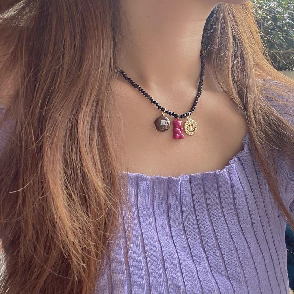 Mxbeauty Bear Klavikula Rantai Gadis Vintage M Bean Boho Kalung Wajah Senyum Gaya Korea Kalung Manik-Manik Wanita Necklace