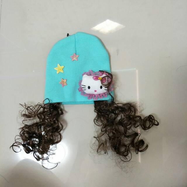 topi anak bayi baby perempuan cewek kupluk wig rambut palsu topi rajut hello kitty tosca