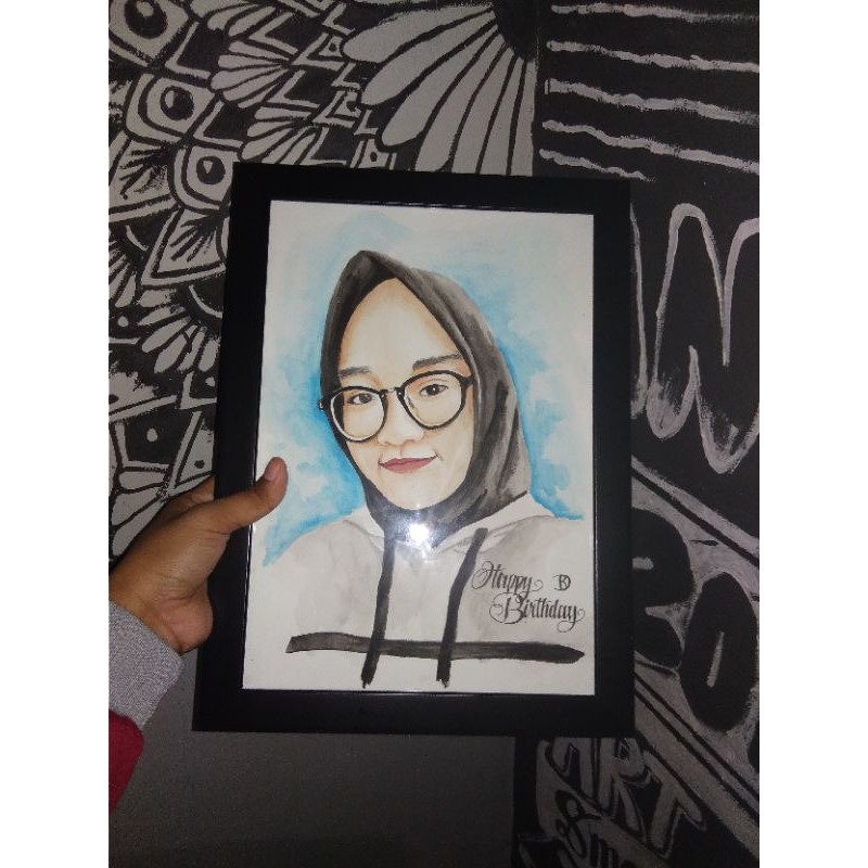 sketsa wajah watercolor A4+ bonus frame