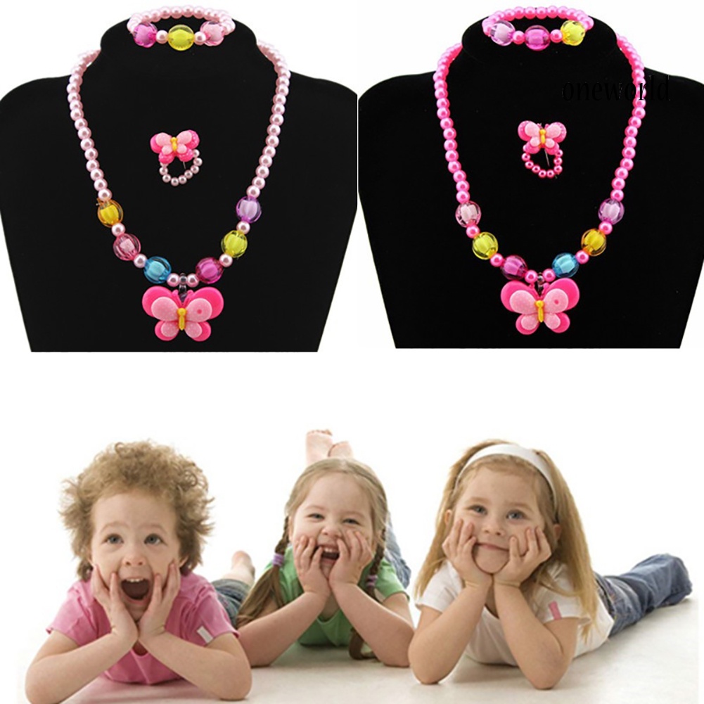 OW@ 3Pcs Girls Yellow Duck Butterfly Candy Bead Ring Necklace Bracelet Jewelry Set