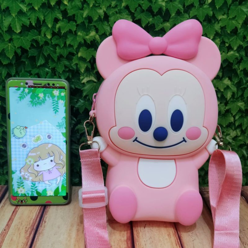Tas Selempang Anak Jelly Jumbo Karakter Minnie Mouse Pink Muat HP