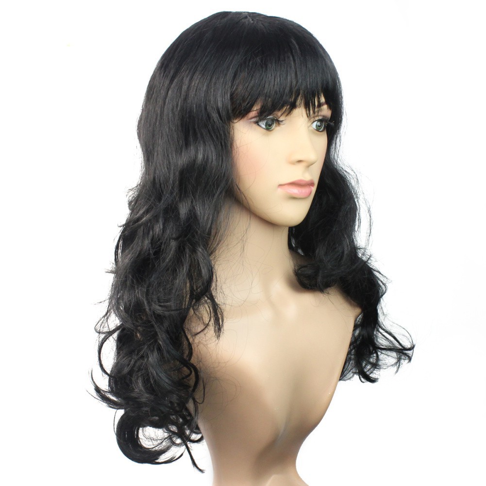 Rambut Palsu Wanita Keriting Panjang Warna Hitam Dengan Poni Rambut Palsu Wanita Keriting Panjang Warna Hitam Dengan Poni
